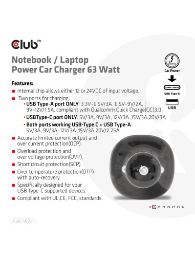 NB CHARGER CAR USB+USB-C/63W CAC-1922 CLUB3D