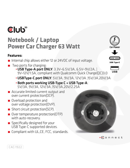 NB CHARGER CAR USB+USB-C/63W CAC-1922 CLUB3D