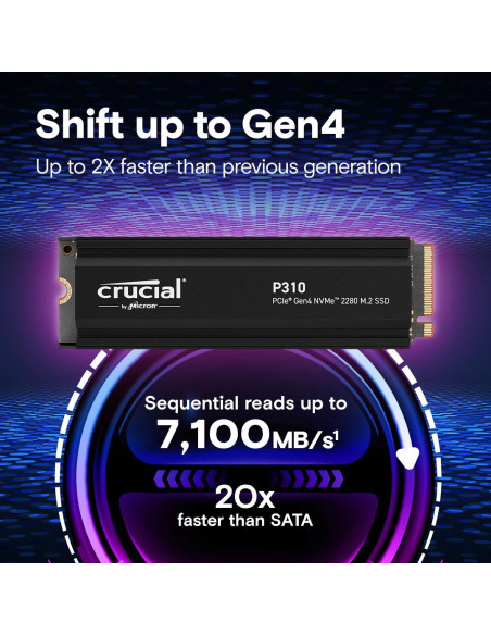 SSD, CRUCIAL, P310, 1TB, M.2, PCIe Gen4, NVMe, 3D NAND, Write speed 6000 MBytes/sec, Read speed 7100 MBytes/sec, TBW 220 TB, CT