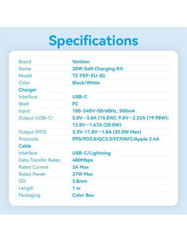 MOBILE CHARGER WALL USB-C/20W TZ-FEPW0-EU-02 VENTION