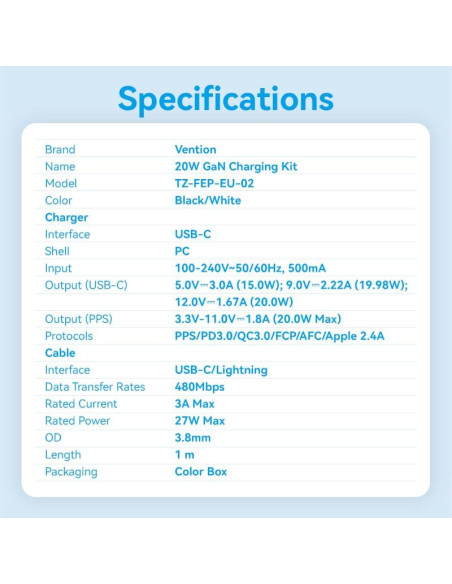 MOBILE CHARGER WALL USB-C/20W TZ-FEPW0-EU-02 VENTION