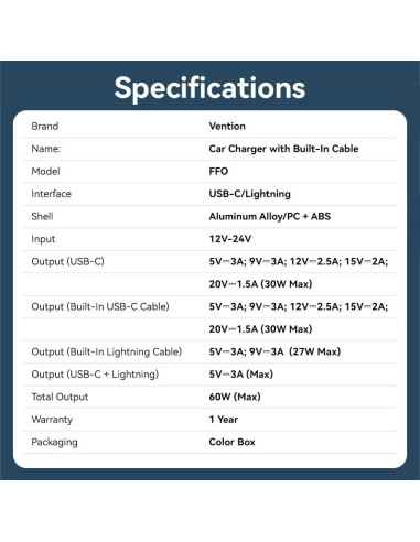 MOBILE CHARGER CAR USB/3P BLACK FFOB0 VENTION