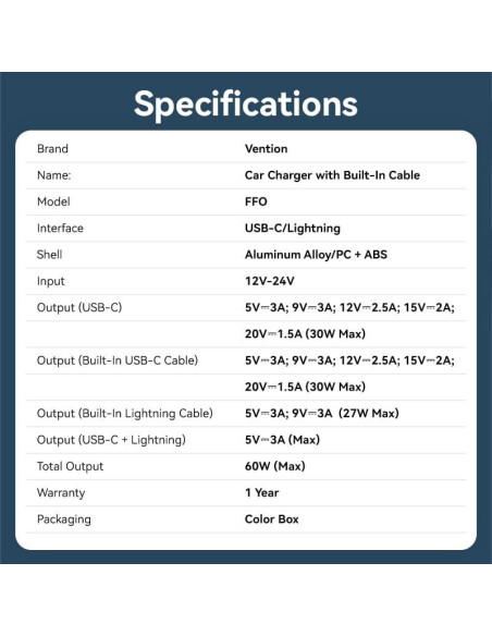 MOBILE CHARGER CAR USB/3P BLACK FFOB0 VENTION