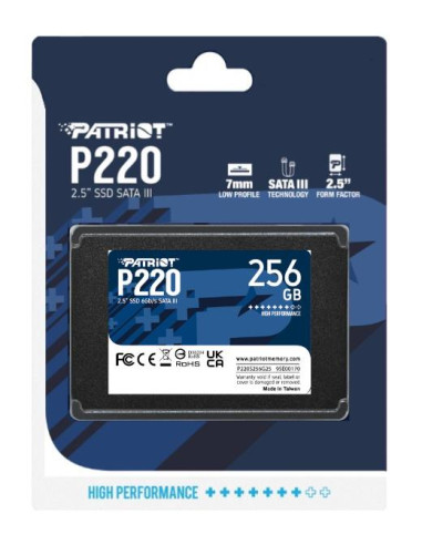 SSD, PATRIOT, P220, 256GB, SATA, Write speed 490 MBytes/sec, Read speed 550 MBytes/sec, 2,5", TBW 120 TB, P220S256G25