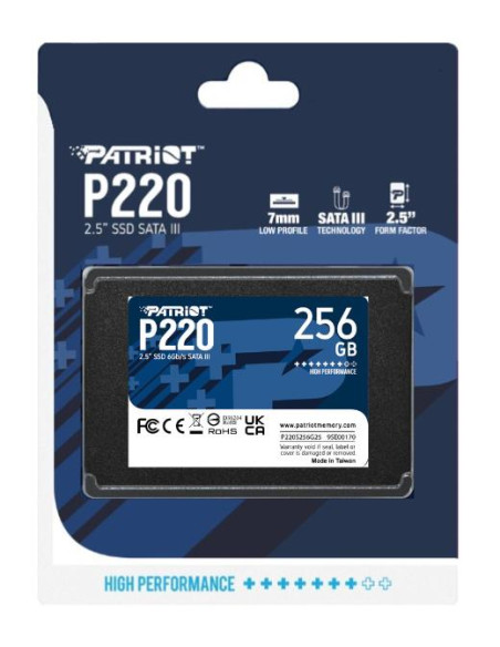 SSD, PATRIOT, P220, 256GB, SATA, Write speed 490 MBytes/sec, Read speed 550 MBytes/sec, 2,5", TBW 120 TB, P220S256G25