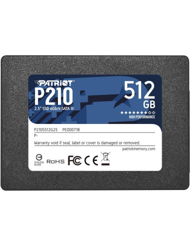 SSD, PATRIOT, P210, 512GB, SATA 3.0, Write speed 430 MBytes/sec, Read speed 520 MBytes/sec, 2,5", TBW 240 TB, P210S512G25