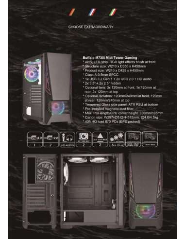 Case, GOLDEN TIGER, Supported motherboard form factors ATX/micro ATX, Black, Midi Tower, Buffalo M730i, BUFFALOM730I