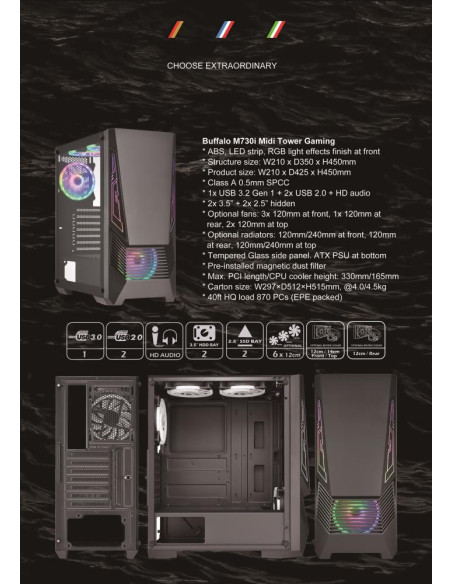 Case, GOLDEN TIGER, Supported motherboard form factors ATX/micro ATX, Black, Midi Tower, Buffalo M730i, BUFFALOM730I