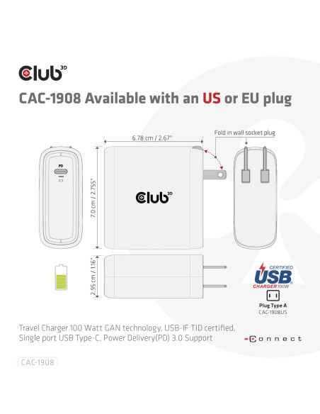 MOBILE TRAVEL CHARGER USB-C/100W CAC-1908EU CLUB3D