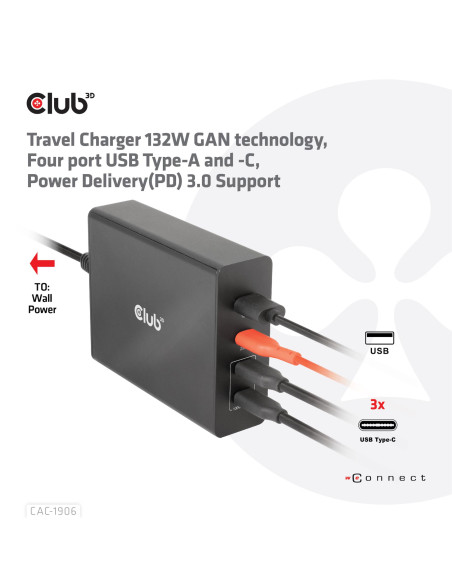 MOBILE TRAVEL CHARGER USB-C/132W GAN CAC-1906 CLUB3D
