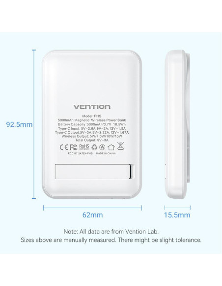 POWER BANK WRL 5000MAH 20W/MAGNETIC BLACK FHSB0 VENTION