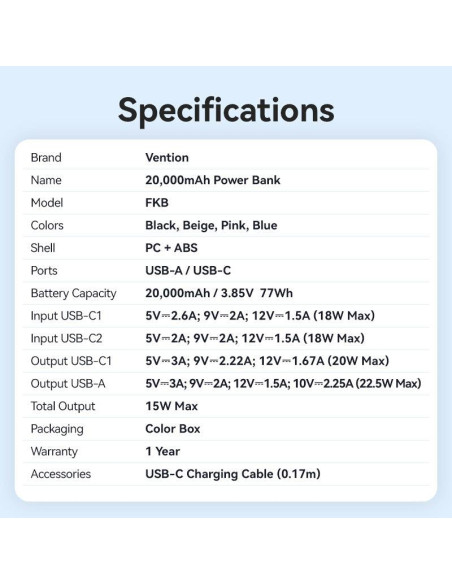 POWER BANK USB 20000MAH 22.5W/BLUE FKBL0-C VENTION