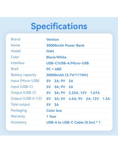 POWER BANK USB 30000MAH 22.5W/BLACK FHMB0 VENTION