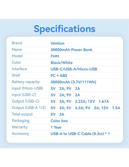 POWER BANK USB 30000MAH 22.5W/BLACK FHMB0 VENTION