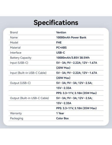 POWER BANK USB 10000MAH 35W/MINI GRAY FHEH0 VENTION