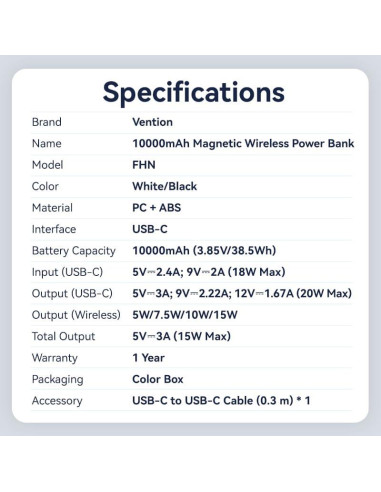 POWER BANK WRL 10000MAH 20W/MAGNETIC BLACK FHNB0 VENTION
