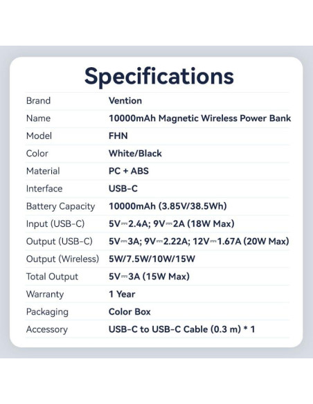 POWER BANK WRL 10000MAH 20W/MAGNETIC BLACK FHNB0 VENTION