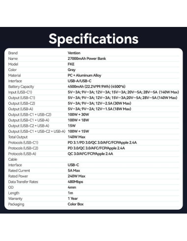 POWER BANK USB 27000MAH 140W/FKEH0 VENTION