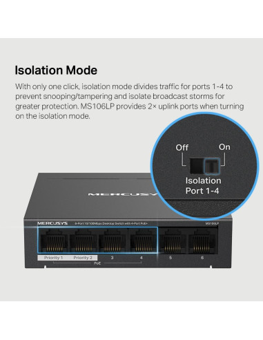 Switch, MERCUSYS, Desktop/pedestal, 6x10Base-T / 100Base-TX, PoE+ ports 4, MS106LP