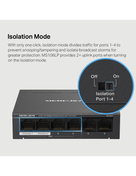 Switch, MERCUSYS, Desktop/pedestal, 6x10Base-T / 100Base-TX, PoE+ ports 4, MS106LP