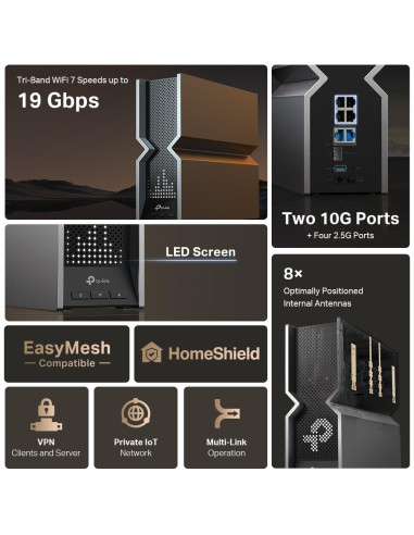 Wireless Router, TP-LINK, Wireless Router, 19000 Mbps, Mesh, Wi-Fi 7, USB 3.0, 4x2.5GbE, 2x10GbE, LAN WAN ports 2, Number of an