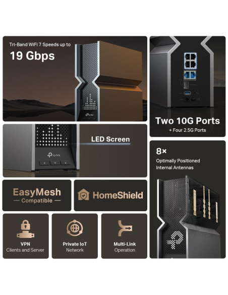 Wireless Router, TP-LINK, Wireless Router, 19000 Mbps, Mesh, Wi-Fi 7, USB 3.0, 4x2.5GbE, 2x10GbE, LAN WAN ports 2, Number of an