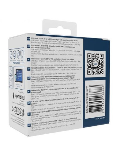 CHARGER USB UNIVERSAL 20W WHT/2P AC TA-ACPDQC20-01-W GEMBIRD