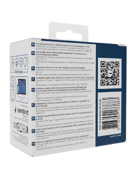 CHARGER USB UNIVERSAL 20W WHT/2P AC TA-ACPDQC20-01-W GEMBIRD