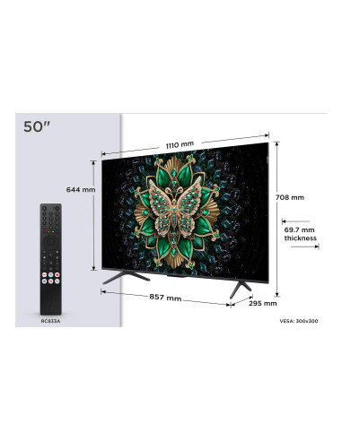TV Set, TCL, 50 ", 4K Ultra HD, 3840 x 2160 pixels, Flat, 16:9, QD-Mini LED, 50C69K