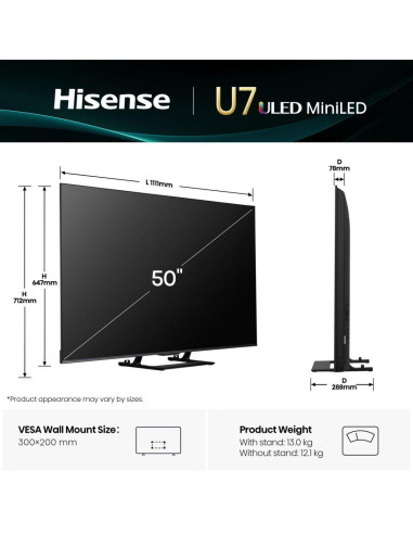 TV Set, HISENSE, 50 ", 4K Ultra HD, 3840 x 2160 pixels, Flat, 16:9, ULED, 50U7Q