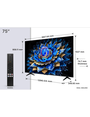 TV Set, TCL, 75 ", 4K Ultra HD, 3840 x 2160 pixels, Flat, 16:9, QLED, 75T69C