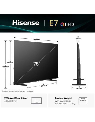 TV Set, HISENSE, 75 ", 4K Ultra HD, 3840 x 2160 pixels, Flat, 16:9, QLED, 75E7Q