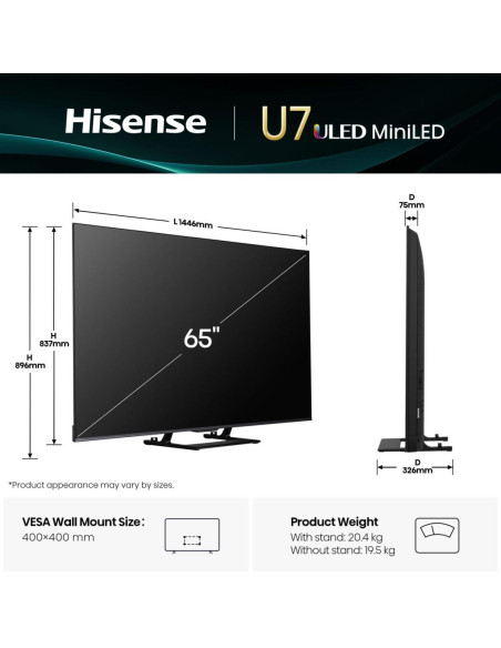 TV Set, HISENSE, 65 ", 4K Ultra HD, 3840 x 2160 pixels, Flat, 16:9, ULED, 65U7Q