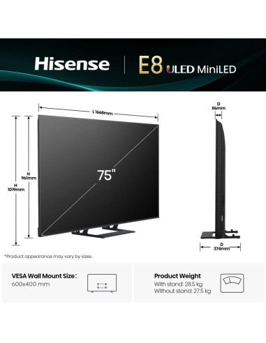 TV Set, HISENSE, 75 ", 4K Ultra HD, 3840 x 2160 pixels, Flat, 16:9, LED, 75E8Q