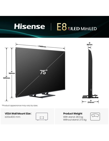 TV Set, HISENSE, 75 ", 4K Ultra HD, 3840 x 2160 pixels, Flat, 16:9, LED, 75E8Q