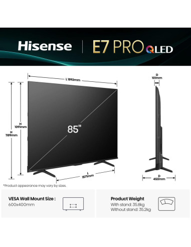 TV Set, HISENSE, 85 ", 4K Ultra HD, 3840 x 2160 pixels, Flat, 16:9, QLED, 85E7QPRO