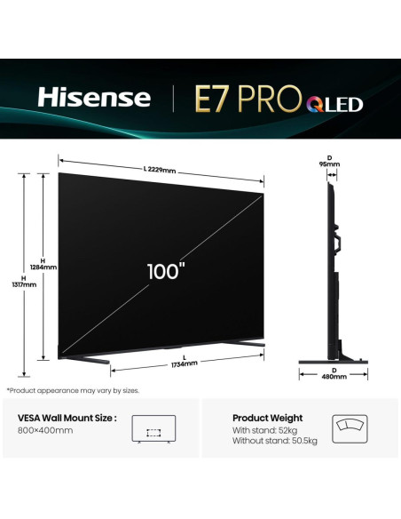 TV Set, HISENSE, 100 ", 4K Ultra HD, 3840 x 2160 pixels, Flat, 16:9, QLED, 100E7QPRO
