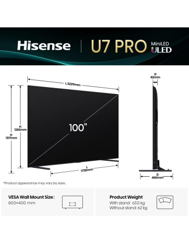 TV Set, HISENSE, 100 ", 4K Ultra HD, 3840 x 2160 pixels, Flat, 16:9, ULED, 100U7QPRO