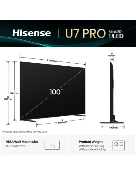 TV Set, HISENSE, 100 ", 4K Ultra HD, 3840 x 2160 pixels, Flat, 16:9, ULED, 100U7QPRO