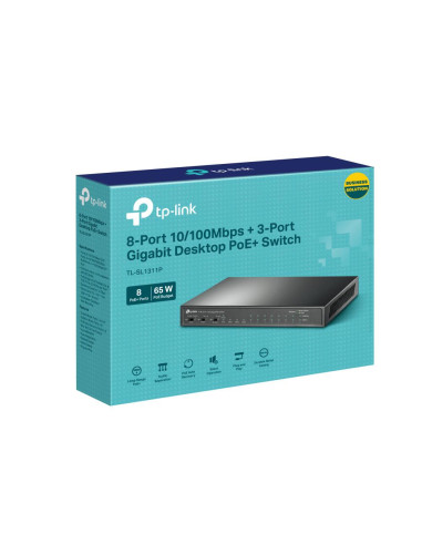 Switch, TP-LINK, Desktop/pedestal, 8x10Base-T / 100Base-TX, 1xSFP, 2xRJ45, PoE+ ports 8, 65 Watts, TL-SL1311P
