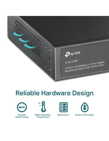 Switch, TP-LINK, Desktop/pedestal, 16x10Base-T / 100Base-TX, PoE+ ports 16, TL-SL1218P