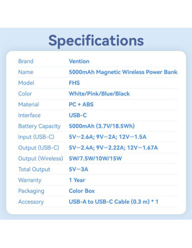 POWER BANK WRL 5000MAH 20W/MAGNETIC BLACK FHSB0 VENTION