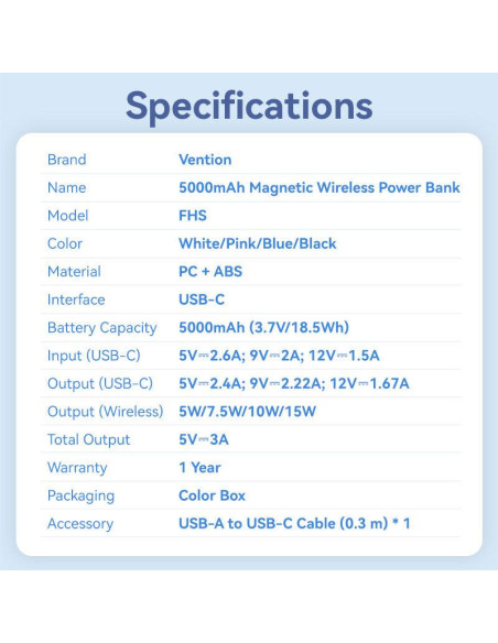 POWER BANK WRL 5000MAH 20W/MAGNETIC BLACK FHSB0 VENTION
