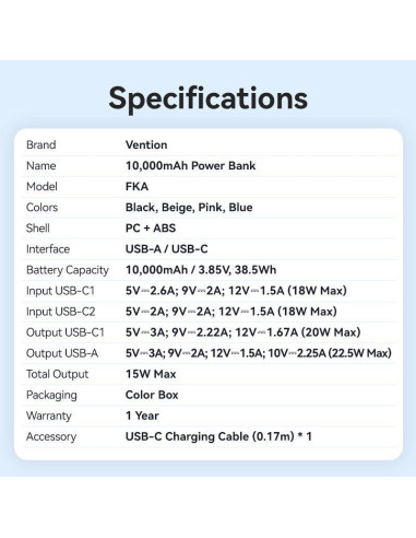 POWER BANK USB 10000MAH 22.5W/BLUE FKAL0-C VENTION