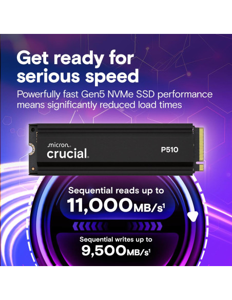 SSD, CRUCIAL, P510, 1TB, M.2, PCIe Gen5, NVMe, TLC, Write speed 9500 MBytes/sec, Read speed 11000 MBytes/sec, TBW 600 TB, CT100