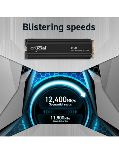 SSD, CRUCIAL, T700, 2TB, M.2, PCIe Gen5, NVMe, TLC, Write speed 11800 MBytes/sec, Read speed 12400 MBytes/sec, TBW 1200 TB, CT2