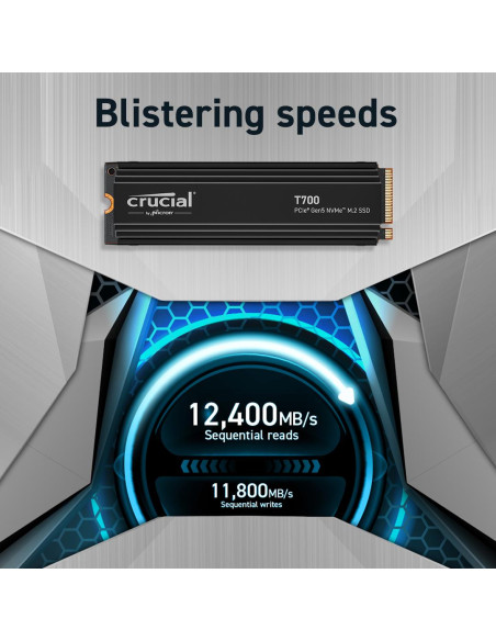 SSD, CRUCIAL, T700, 2TB, M.2, PCIe Gen5, NVMe, TLC, Write speed 11800 MBytes/sec, Read speed 12400 MBytes/sec, TBW 1200 TB, CT2