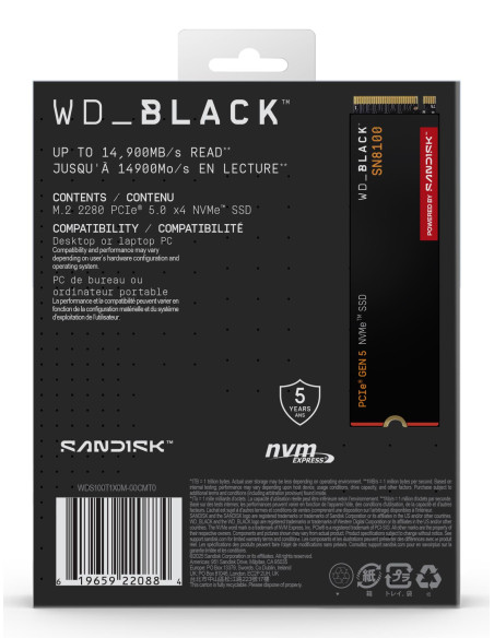 SSD, SANDISK, 2400xTBW rating, NVMe Yes, PCI Express 5.0, M.2, 1000 GB, POWERED BY SANDISK, Black SN8100, WDS100T1X0M