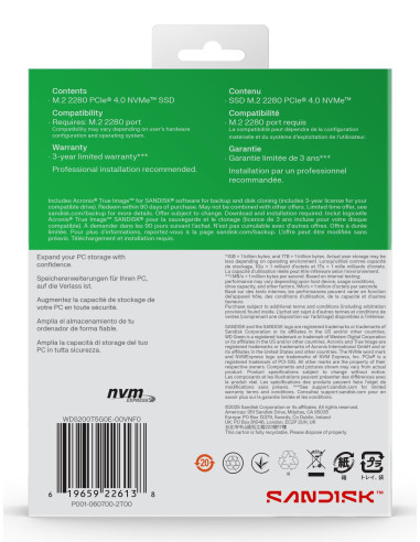 SSD, SANDISK, Read speed 5000 MB/s, Write speed 4200 MB/s, NVMe Yes, PCI Express 4.0, M.2, 2048 GB, POWERED BY SANDISK, Green, 