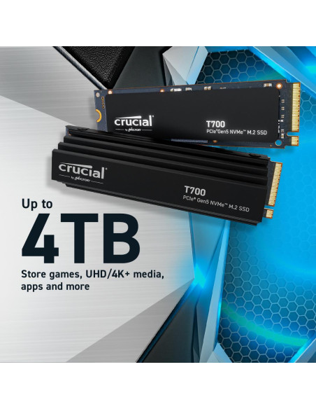 SSD, CRUCIAL, T700, 4TB, M.2, PCIe Gen5, NVMe, TLC, Write speed 11800 MBytes/sec, Read speed 12400 MBytes/sec, TBW 2400 TB, CT4